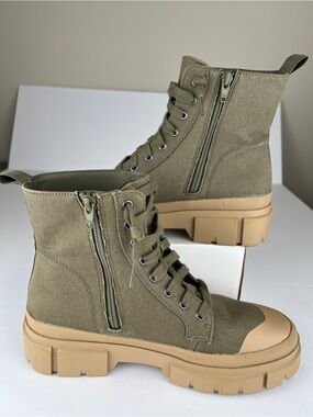 Combat Boots Women 9 Olive Green &Tan Canvas Chunky Lug-Sole Side Zipper